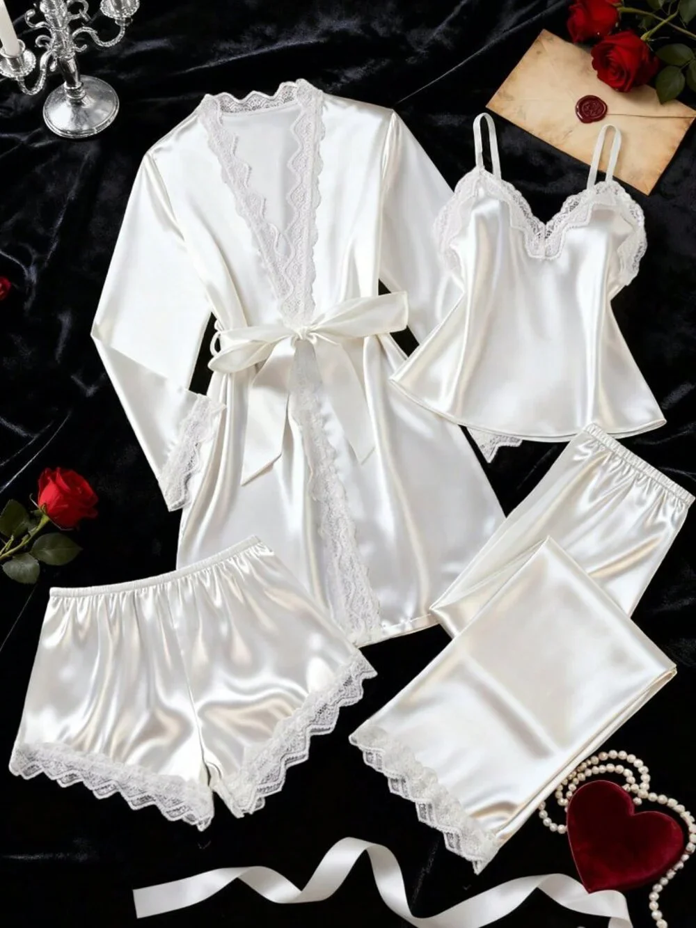 White Romantic Women's Satin & Lace detailed 4 piece Pajama Set